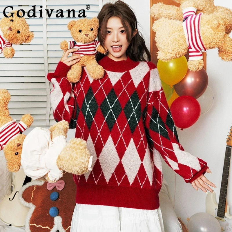 

Christmas Color Block Diamond Sweater for Women Autumn Winter Soft Knitted Sweater Female Japanese Style Knitted Pullovers