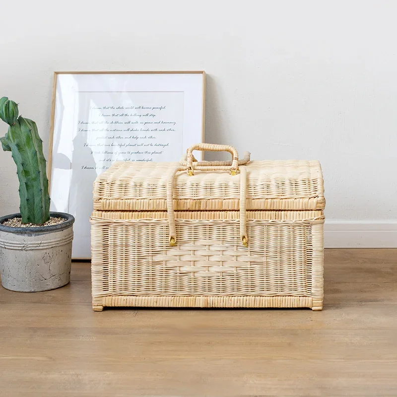 Indonesian Portable Cane Woven Storage Box: With Cover Clothes Organizer Multifunctional Travel Picnic Basket.