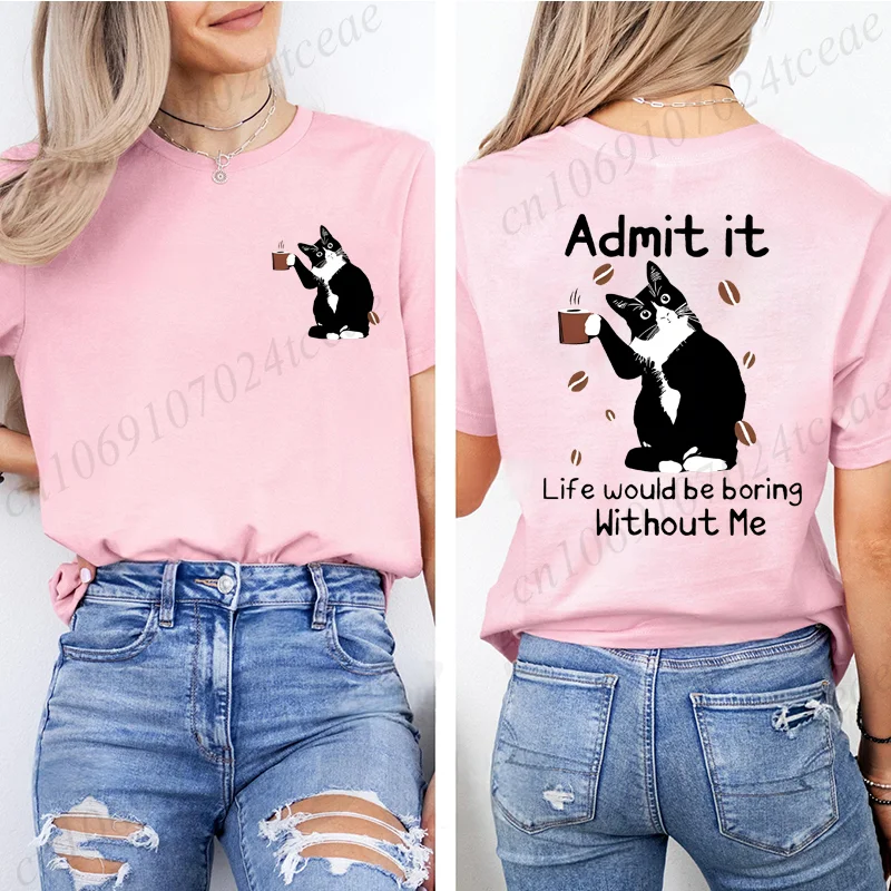 القط شرب القهوة المطبوعة تي شيرت المرأة الصيف عادية تي شيرت ملابس فضفاضة القط الأسود طباعة تي شيرتات قصيرة الاكمام #4
