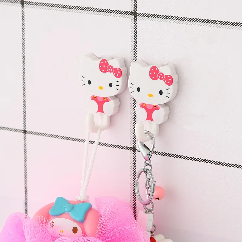 2Pcs/Set Sanrio Hello Kitty Strong Self Adhesive Hooks Key Storage Hanger Kitchen Bathroom Door Wall Multi-Function Waterproof