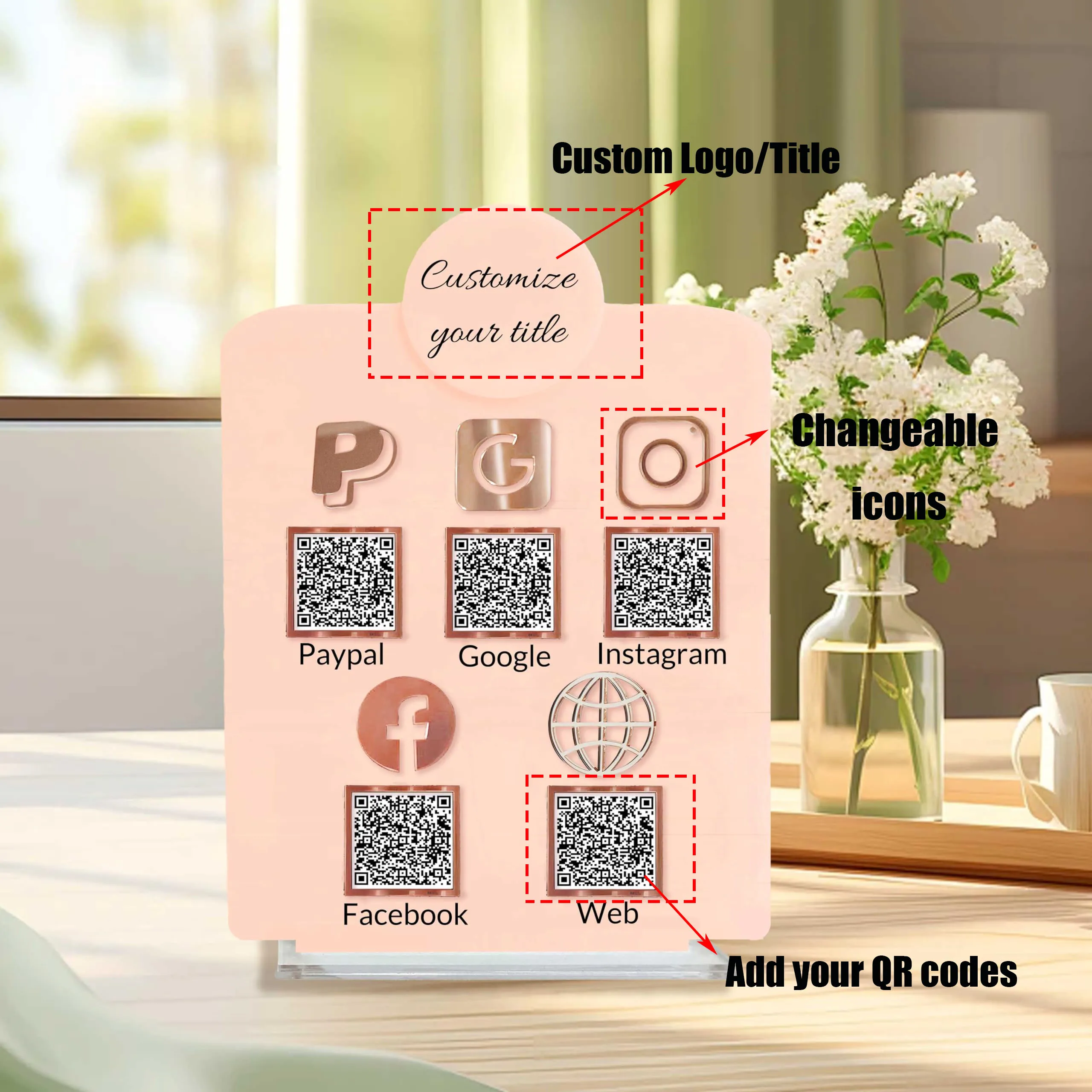 Custom Multi QR Codes Plaque Social Media Acrylic Stand for Small Business Salon Payment WhatsApp Menu Reviews Ins Google Airbnb