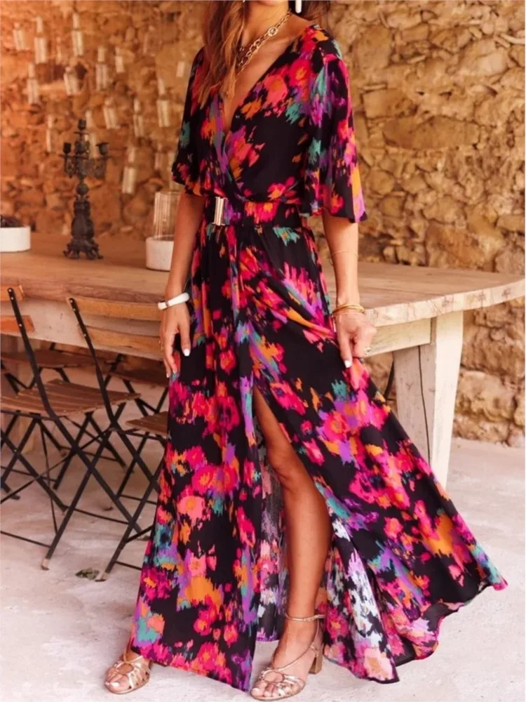 

Spring Summer Elegant Belt Party Long Dresses For Women Sexy Deep V Nevk Short Sleeve Boho Print Slit Dress 2024 Vestidos