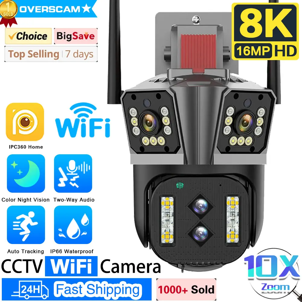 

16MP 8K HD IP Camera 10X Zoom Outdoor Four lenses Three-Screen PTZ 8MP WiFi Camera Security Protection CCTV Color Night Vision