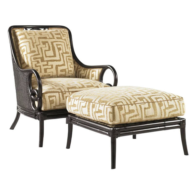 

Retro style single sofa chair pedal, living room full solid wood rattan study drinking tea leisure chair