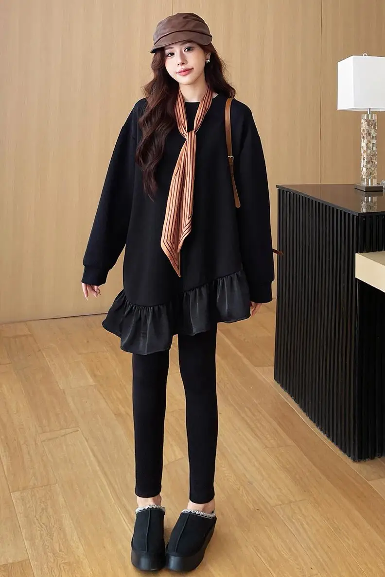 Autumn Winter Oversize Patchwork Pleated Dress Women Long Sleeve Loose Black Ladies Dresses Vestidos