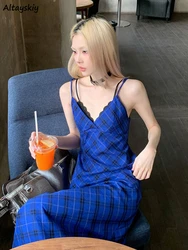 Blue Plaid Long Dress Women Holiday Leisure Sexy V-neck Summer Sleeveless Literary Graceful Classic Temperament A-line Vestidos