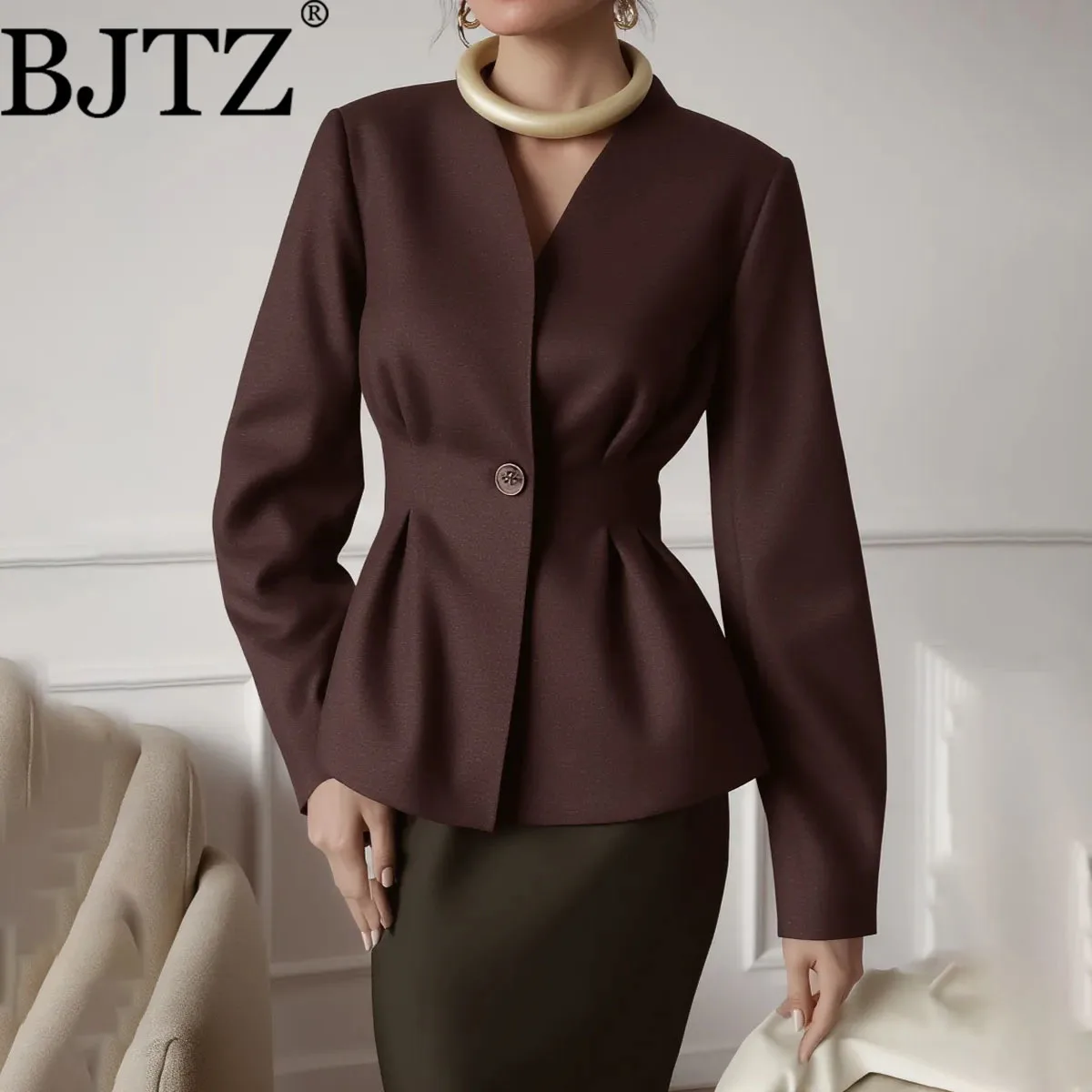 

BJTZ 2026 Spring Autumn Women's Solid Color Jacket - Slim Waist-Cinched Fashion Design Office Versatile Casual Outerwear