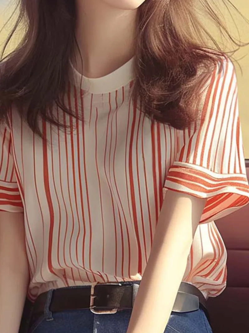 Chiffon Striped Women\'s Shirt Summer New Vintage Clothing Sales Loose Short Sleeves Korean Top O-neck Women Blouses