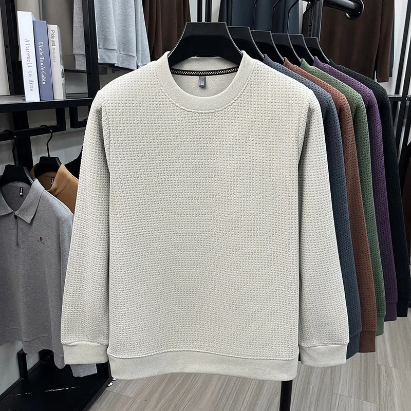 Herren-Sweatshirt mit Rundhalsausschnitt, Waffelstruktur, langen Ärmeln, einfarbig, lockerer Schnitt, lässig, für den täglichen Gebrauch, ein Basic-Oberteil für Herbst und Winter. – Detail 10