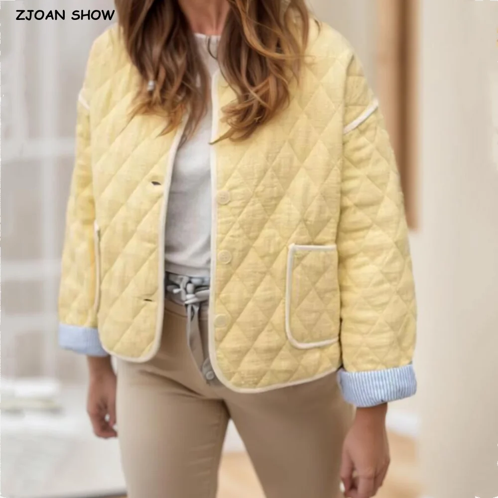 

Autumn Winter Binding O Collar Embossing Plaid Quilted Coat Ethnic Women Front Pocket Open Button Quilting Jacket Short Outwear