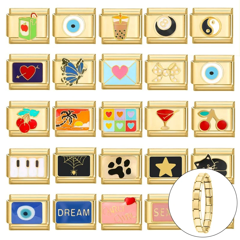 Nuovo colore oro diavolo occhi farfalla stella fiocco gatto ciliegia ciondoli italiani collegamenti in acciaio inossidabile misura bracciale da 9 mm creazione di gioielli fai da te