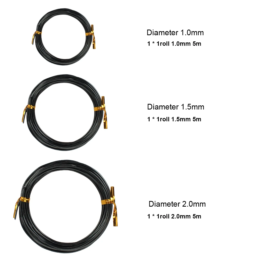 Bonsai Wires 3 Rolls Garden Supplies With 3 Sizes(1.0 mm,1.5 mm,2.0 mm) Total 15m (Black) Anodized Aluminum Bonsai Training Wire