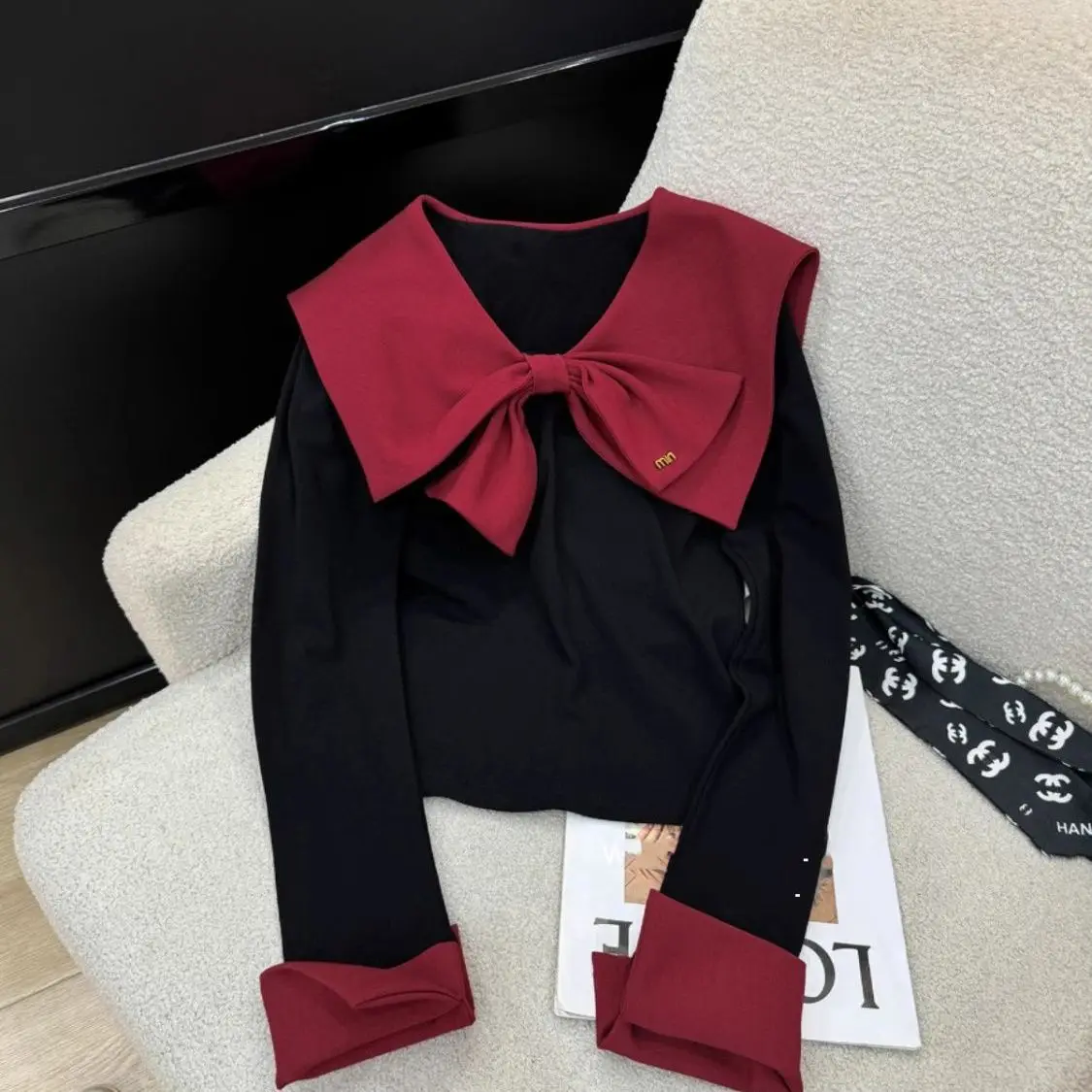 

Женские футболки с матросским воротником, лоскутная рубашка с длинными рукавами и бантом, осенний темпераментный пуловер нестандартной формы, женские футболки