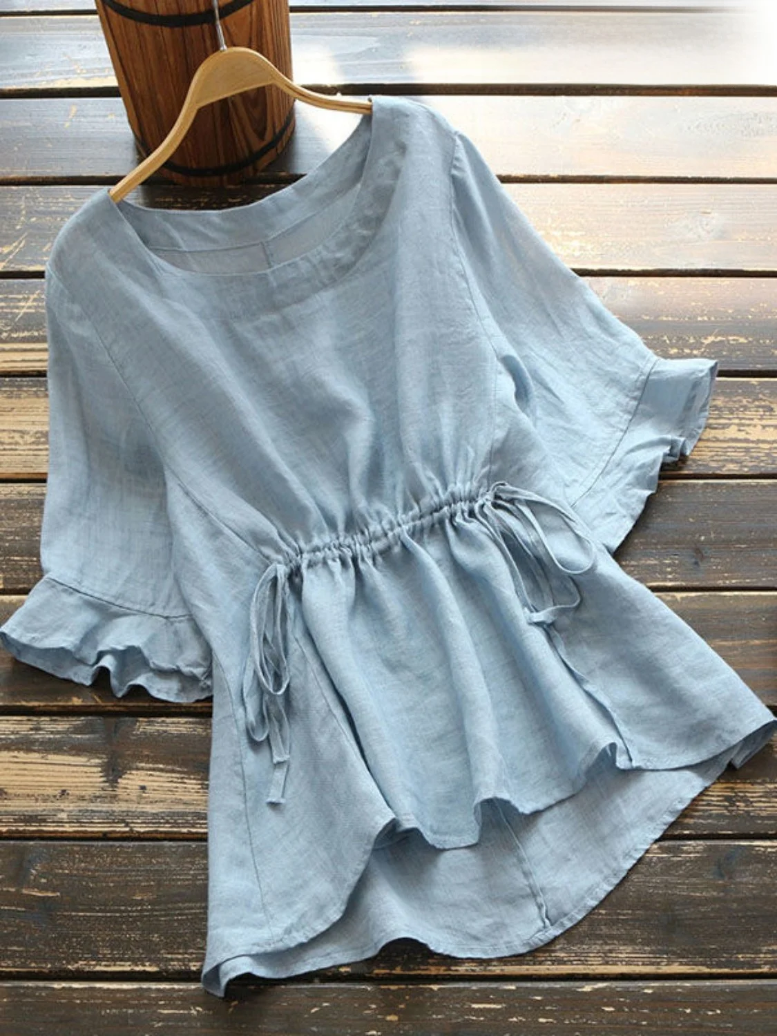 

Spring Summer Thin Cotton Linen Shirt Waist Inward Design Slimming Top Artistic Match All Cotton Linen Tunic with Lotus Leaf ...