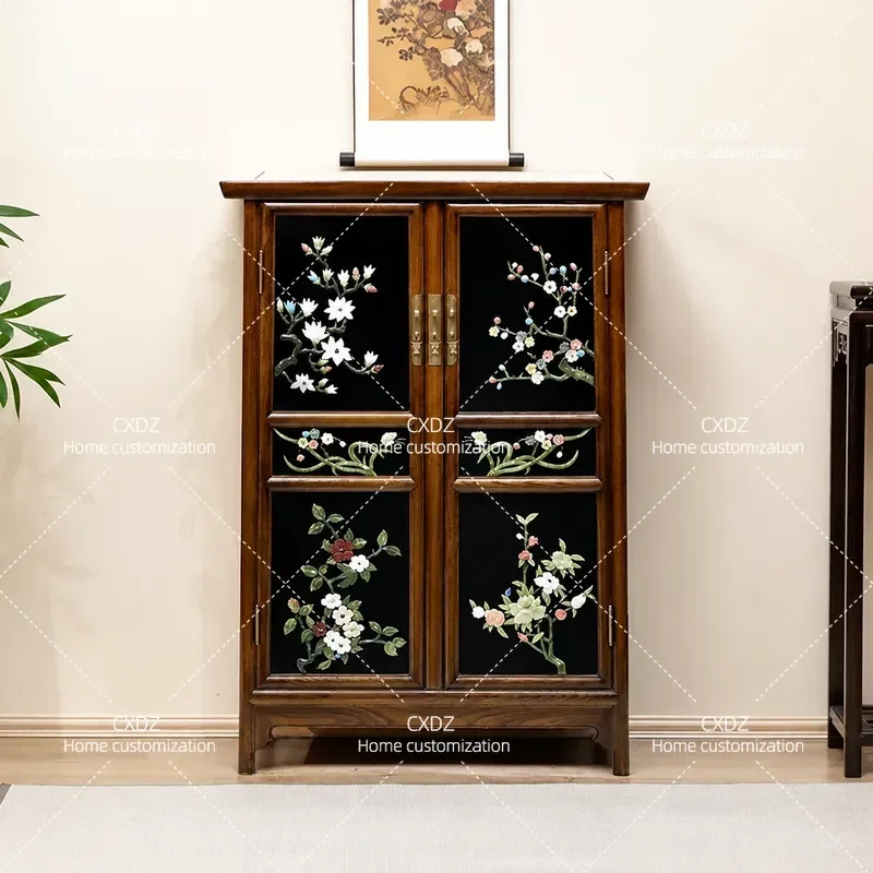 Chinese Elm Wood Double Door Cabinet with Jade Inlaid Orchid Pattern Black Edge Storage Locker for Living Room Bedroom Multi