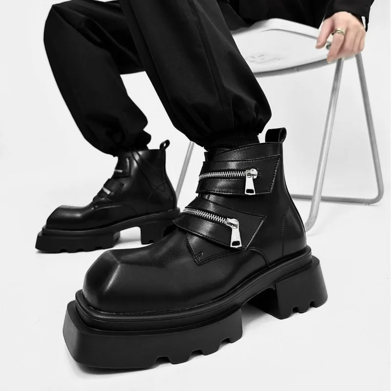 Square Toe Motorcycle Boots for Man DR Outdoor Boots Punk with Zipper Black Ankle Boots Man Platform Designer Shoes