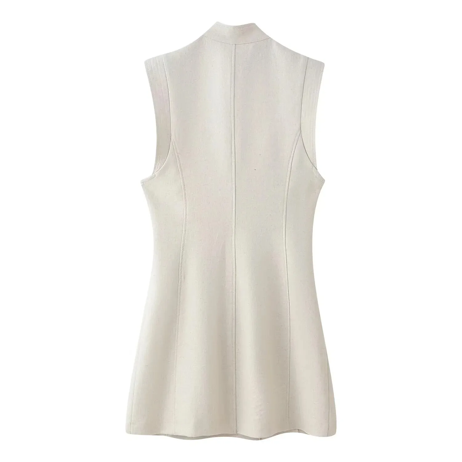 Summer New Women's Slim Fit Lin Dress Collarless Sleeveless Knot Button  Dress Casual High Waist European Style Dress