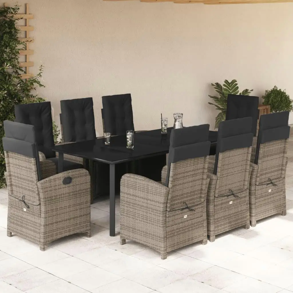 9-Piece Gray Poly Rattan Patio Dining Set with Cushions - Outdoor Furniture for Garden & Backyard