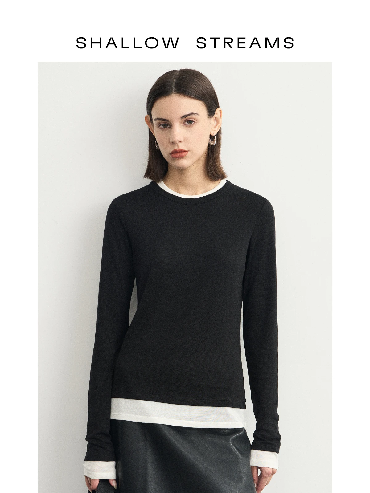 

Soft Wool Knit Top Women's Long Sleeve Base Layer Shirt Fake Two-Piece Casual Style Comfortable Fit round Neck Spring