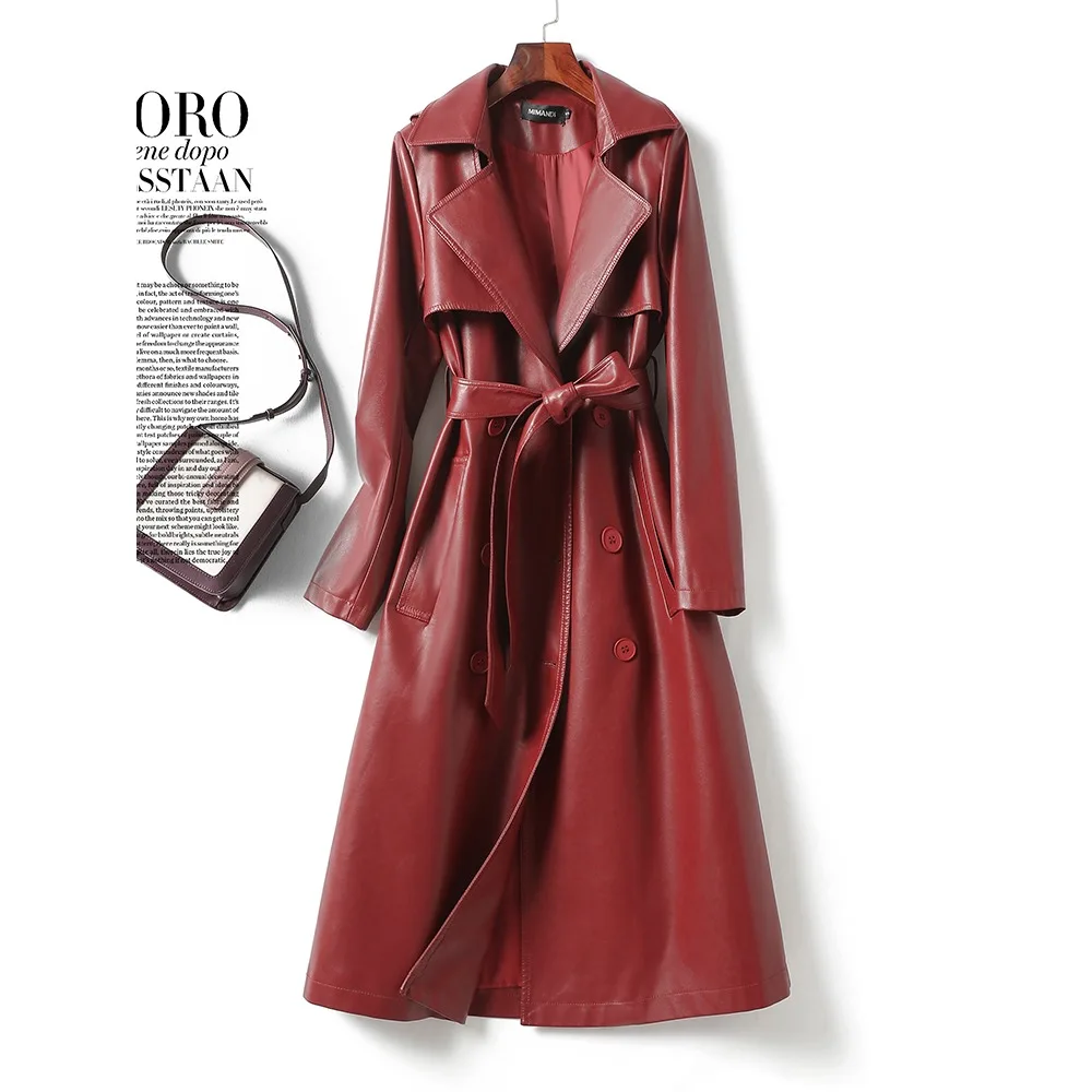 

Women's Lambskin Trench Coats Chic Ladies Black Lapel Collar Belt Split Sheepskin Trench Outwear