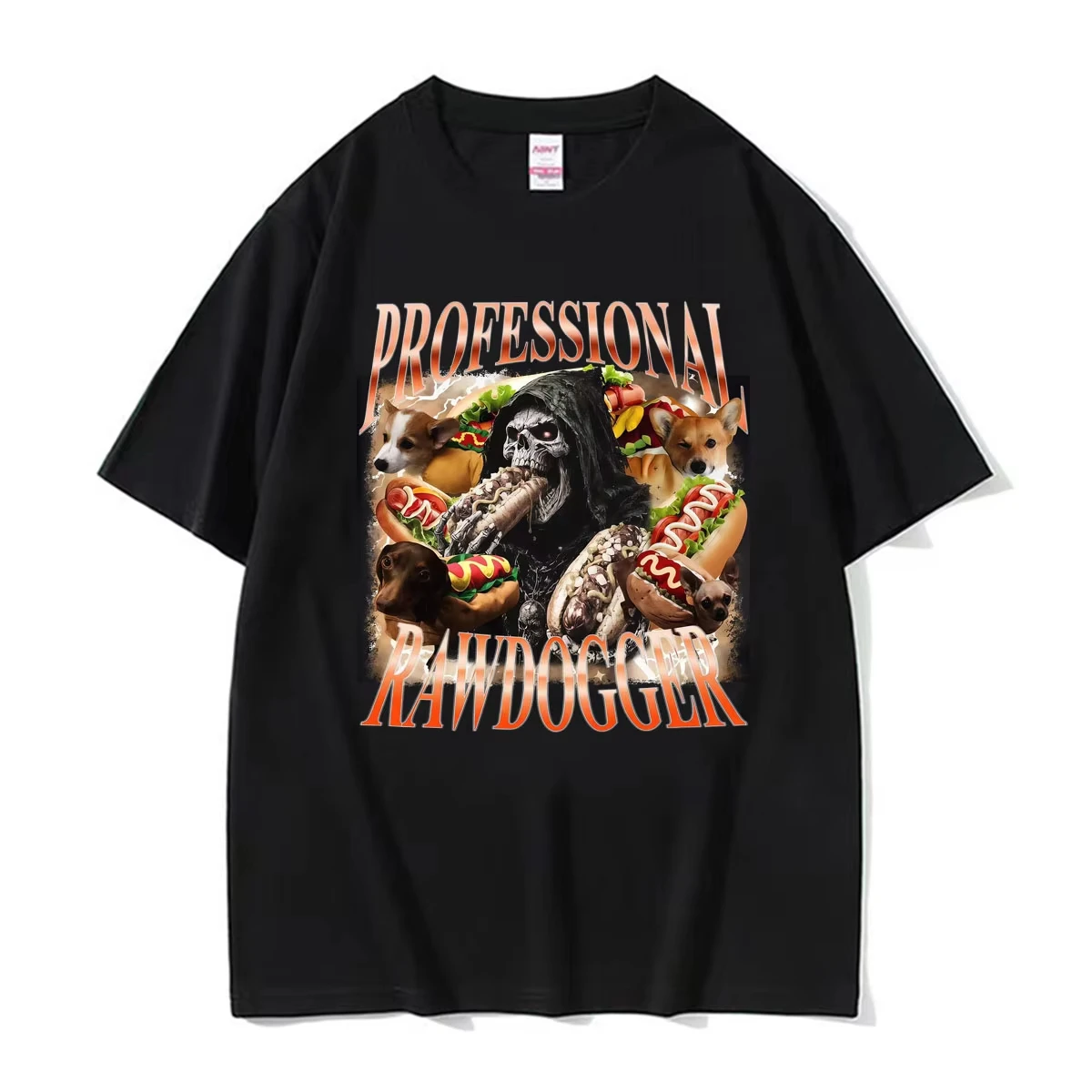 Professional Rawdogger Grim Reaper Hot Dog Graphic T-shirts Men Women Vintage Gothic Clothes T-shirt Cotton Casual Tops T Shirts