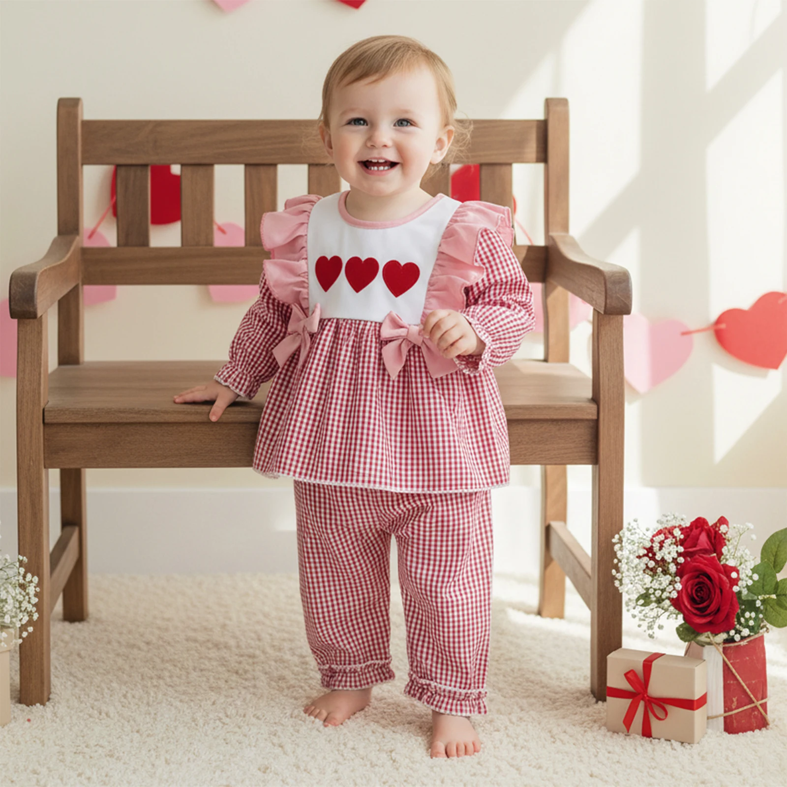 Kid Girls Valentine’s Day Set, Ruffled Long Sleeve Crew Neck Heart Embroidery Bows Decor T-shirt with Plaid Pants Spring Set