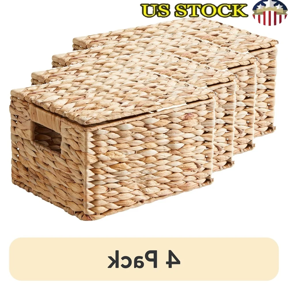 

4 Pack Hyacinth Storage Basket with Lid Woven Baskets Organizer Durable Cut-Out Handles Decorative Home Storage Bathroom Pantry