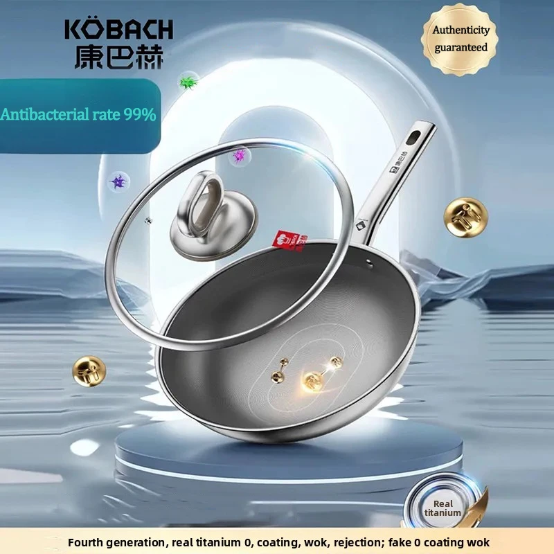 KOBACH Real Titanium Stainless Steel Frying Pan Wok Non-stick 28cm Uncoated Egg Pancake Pan Crepe Maker Steak Pot Cooker Kitchen