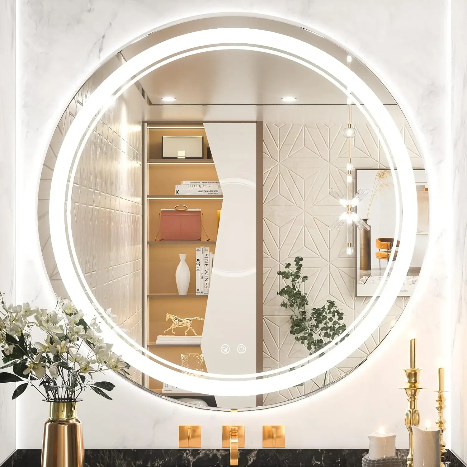 Round LED Mirror for Bathroom 32 Inch Vanity Dimmable Lights 3 Colors Anti-Fog Cicle Mirror IP54 Waterproof Makeup Wall Mounted