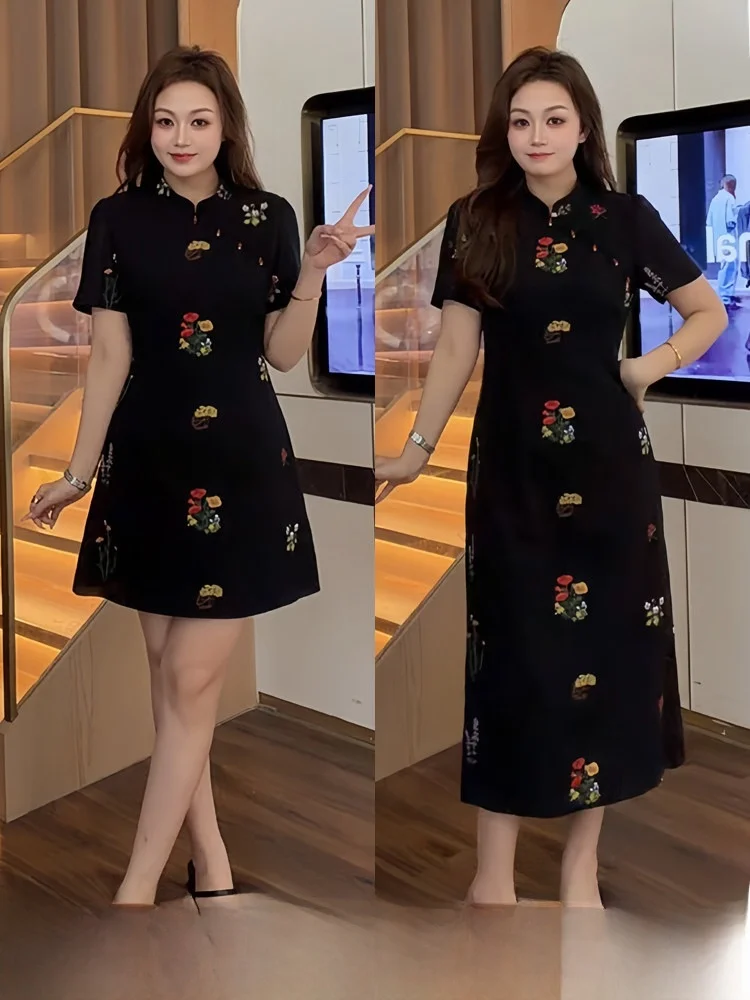 

New Chinese Style 3D Embroidery Large Size Women's Dress Summer Season High Waist A-Line Skirt Short Sleeve Breathable Polyester