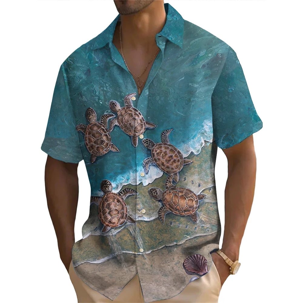 3d Sea Turtle Print Men's Shirts Retro Casual Hawaiian Shirts For Mens Short Sleeved Oversized Shirt Tops Fashion Male Clothing