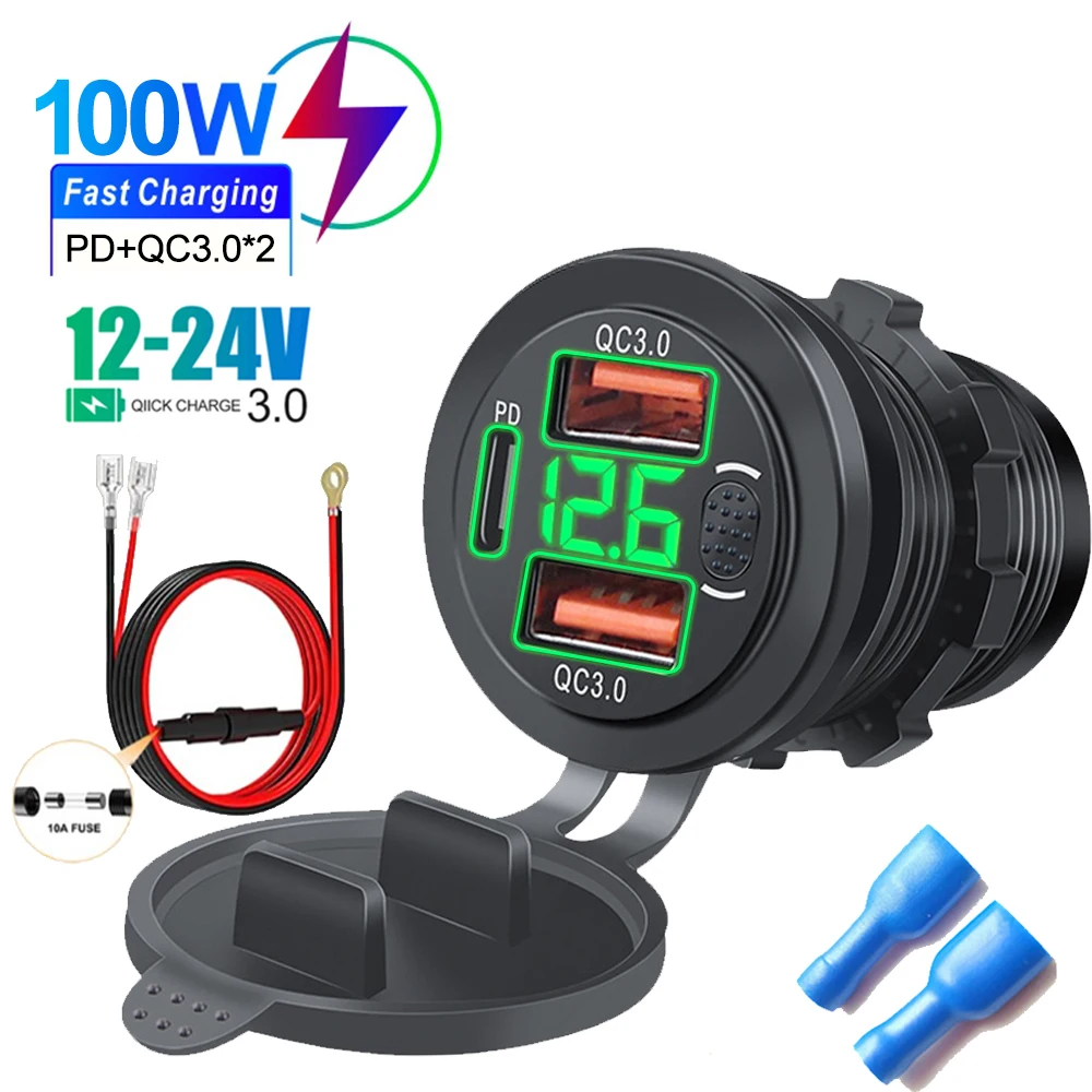 Drie Poorten Autolader PD Dual QC3.0 USB Lader Socket met Met Digitale Voltmeter Knop Schakelaar 12 V/24 V voor Motor Auto