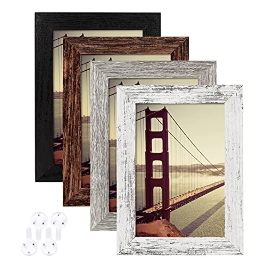 

Picture Frame Distressed Farmhouse Wood Pattern Set of 4, Display 3.5x5 with Mat or Without Mat