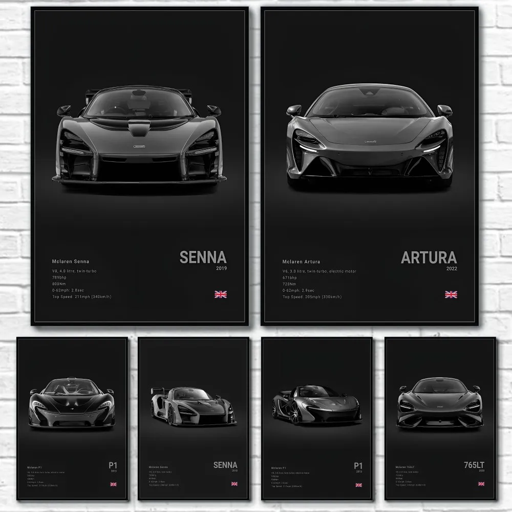 Black M-McLaren Supercar SENNA P1 765LT F1 Poster Sticky Wall Art Printing Waterproof Home Living Bed Room Bar Aesthetic Decor