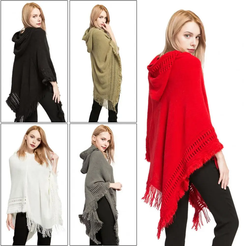 

Tassel Decoration Shawl Elegant Hooded Tassel Cloak Shawl for Women Imitation Cashmere Knitting Cape with Solid Color Design