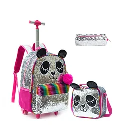 Kids Travel Bags 3PCS Lunch Bag Pen Bag Set Panda School Kids Rolling Backpack for Girls With Wheels Trolley Wheeled Backpacks