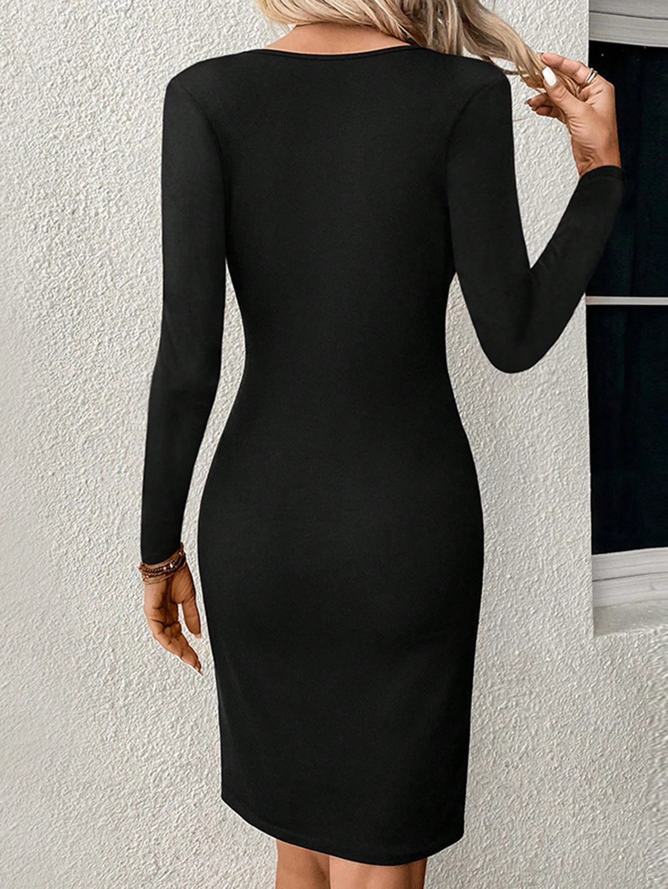 Damesjurk met lange mouwen, ronde hals, knielengte, casual uitgesneden gat, geknoopt ontwerp, herfst, winter, dagelijks sla, rand, effen