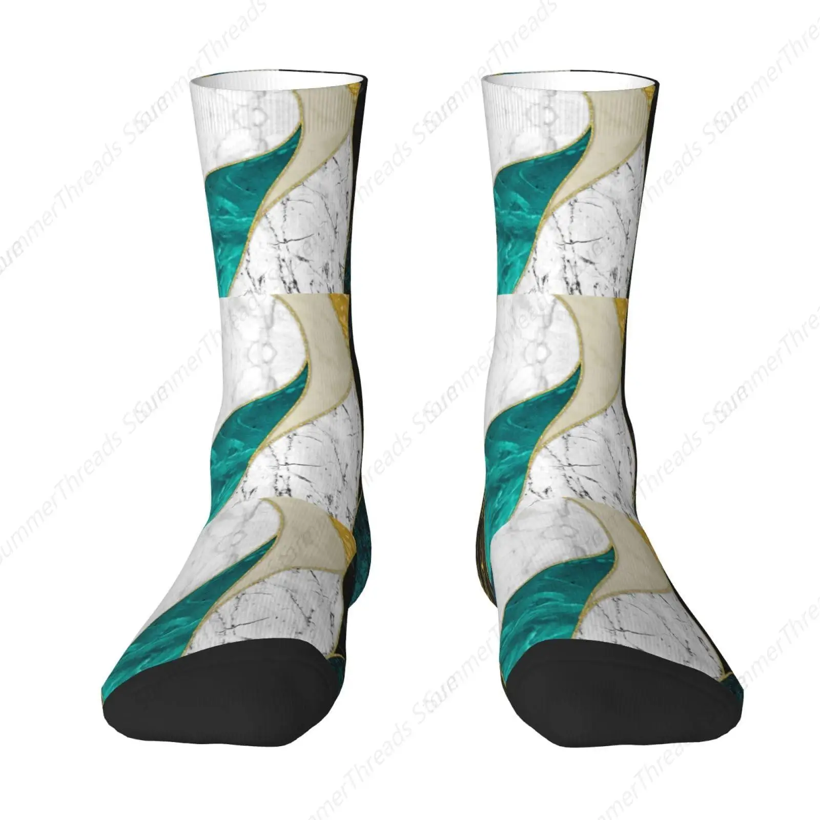 Abstract Watercolor Painting Gold Blue Turquoise Black White Gray Marble Unisex Socks Funny Novelty Colorful Crew Socks Casual