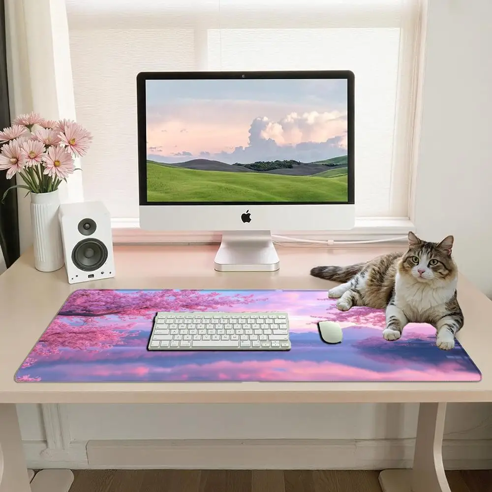 Sakura Lake Scenery Desk Pad Non Slip Rubber Mousepad Japanese Pink Cherry Blossoms Misty Mountains Old Pavilion Pastel Twilight