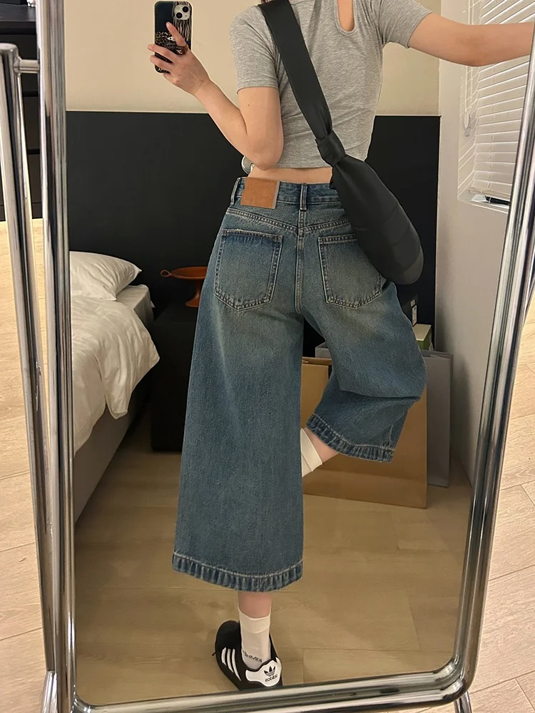 

Широкие джинсы с высокой талией, женские прямые джинсы семи дюймов, синие джинсовые брюки без стрейч в стиле ретро, весенне-осенние свободные брюки