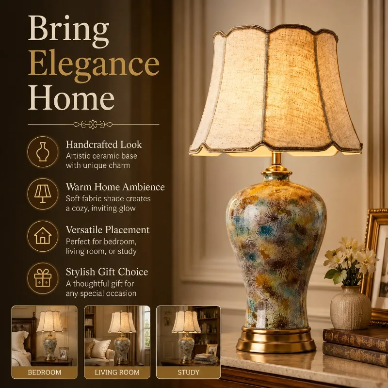 American Style Ceramic Table Lamp Large Floral Porcelain Bedside Light with Fabric Shade for Villa Living Room Hotel Lobby Decor