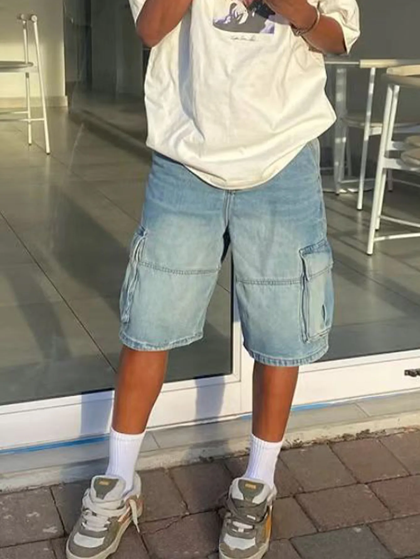 Short en jean pour hommes, pantalon Cargo droit, taille moyenne, poches multiples, délavé, Streetwear, longueur aux genoux, été 2025