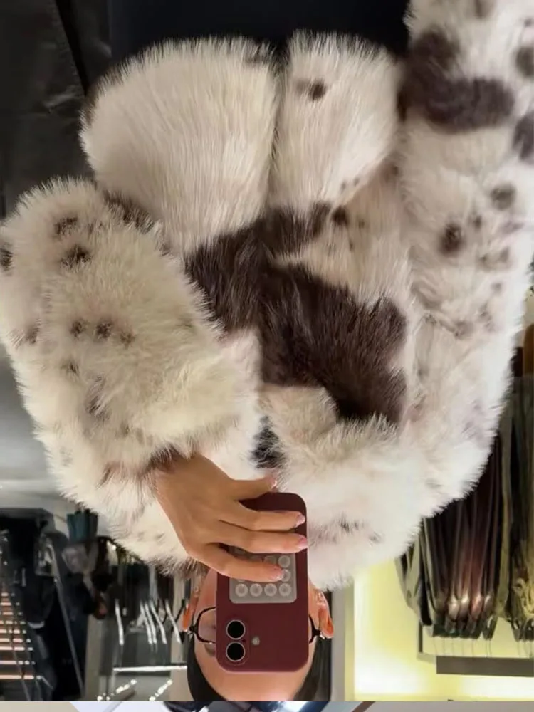 

HH женская мода с длинными рукавами и лацканами со скрытой пряжкой с животным принтом из искусственного меха, короткое пальто, женская уличная повседневная зимняя куртка