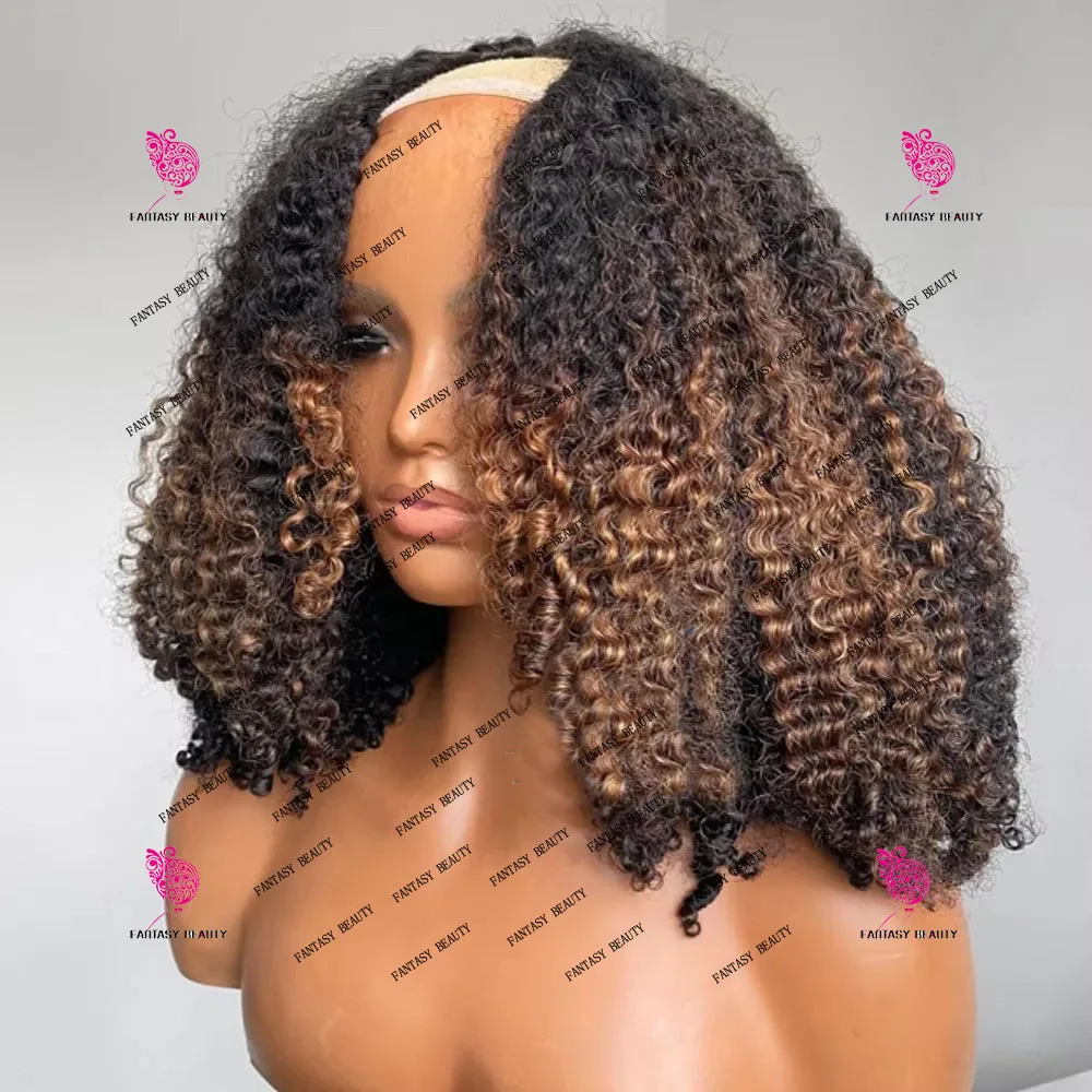 Highligh  Auburn Brown Afro Kinky Curly V Part Wigs Unprocesse 100% Human Hair Ombre Chentust Blonde Water Wave U Shape Full End