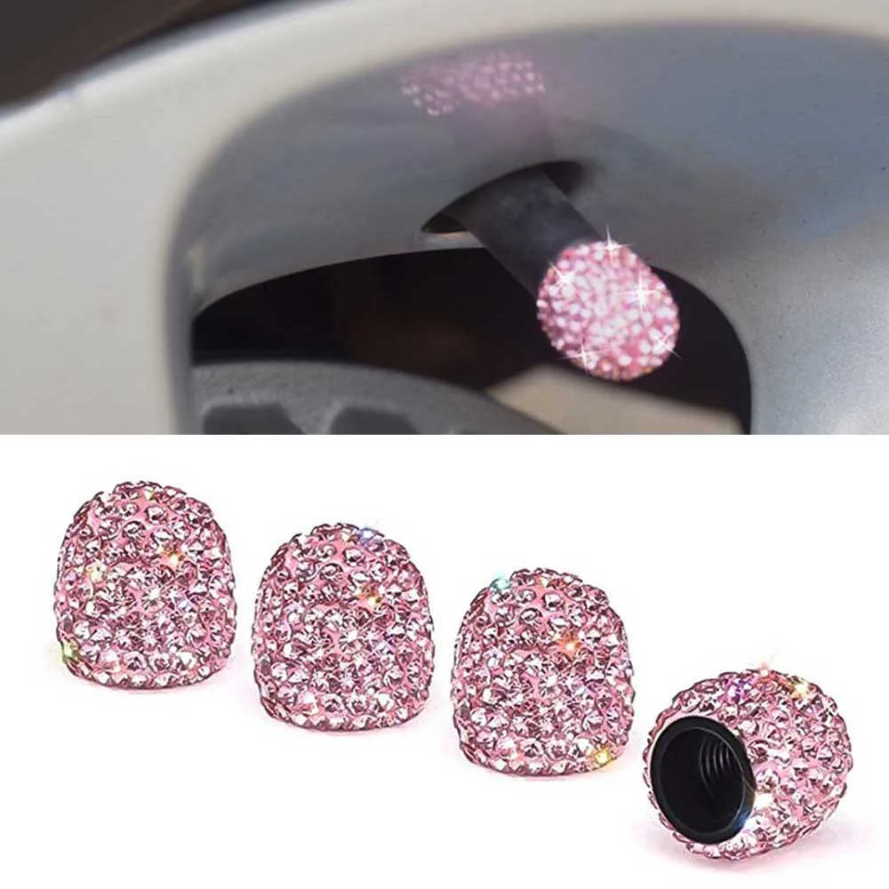 4pcs Clay + Rhinestone Car Tire Air Sealing Cap Anti-rust Dust-Proof Valve-Cap Pink Sparkling-rhinestones Valve Stem Cover