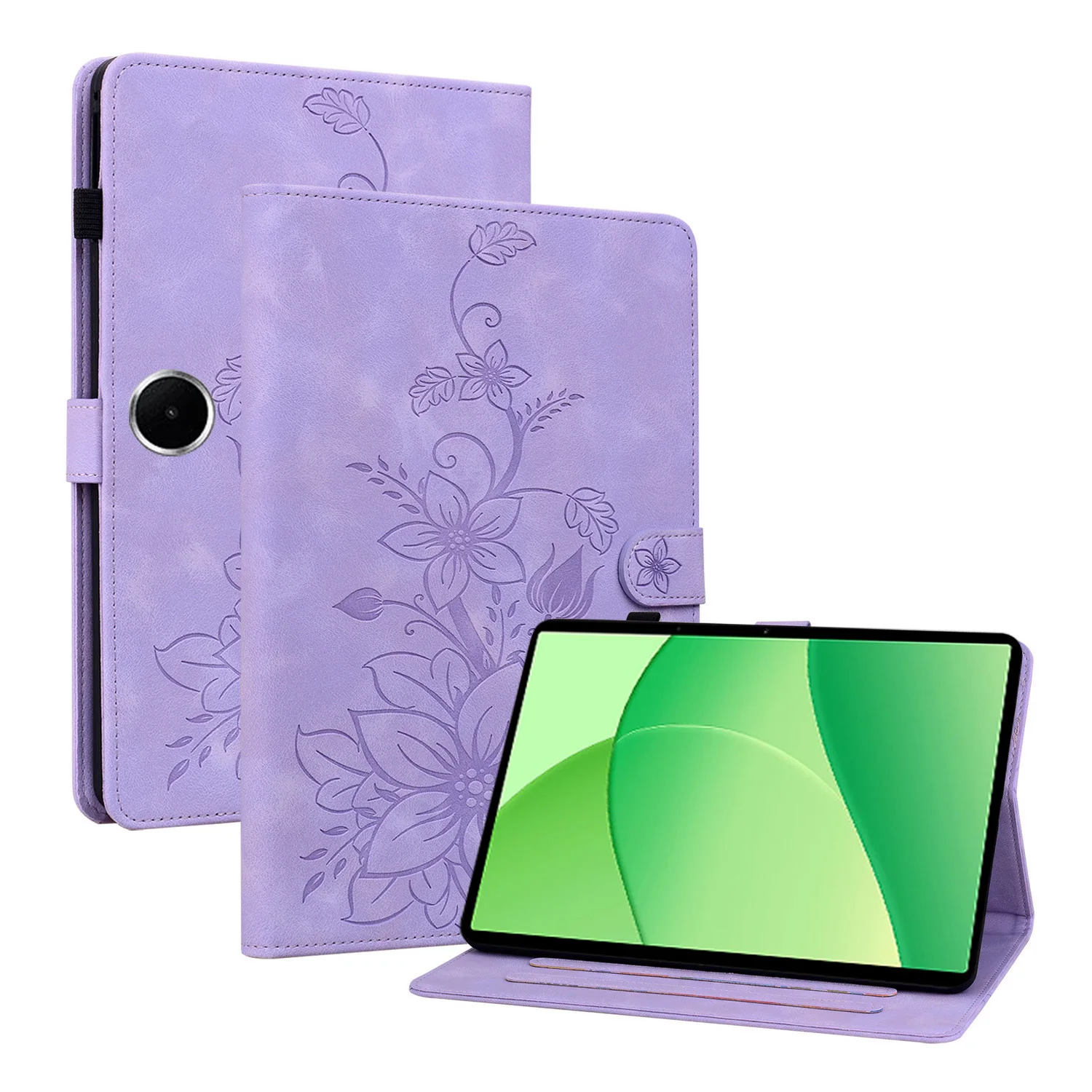 

For OnePlus Pad Lite / Oppo Pad SE Case Lily Flower Imprint Card Slots Leather Tablet Cover - Purple
