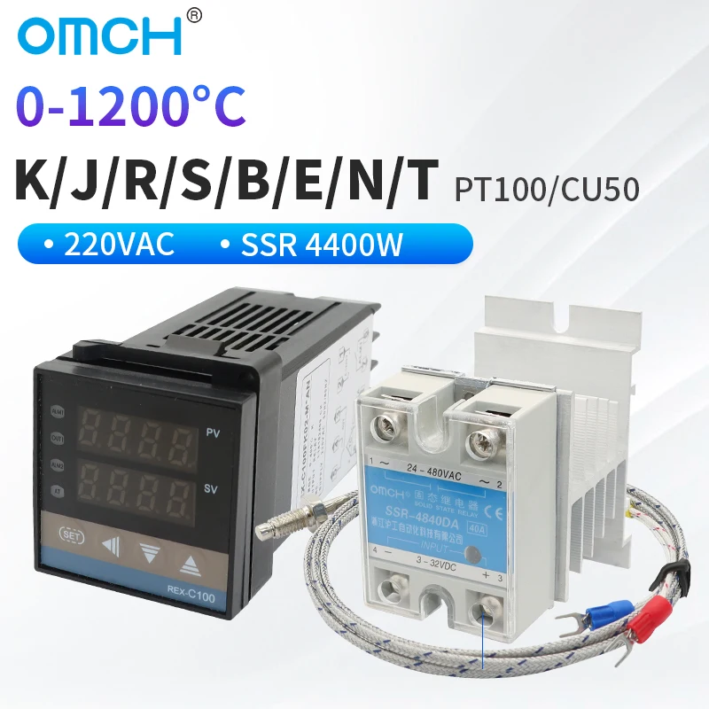 OMCH REX-C100 PID 온도 컨트롤러, 220V 400 도 디지털 온도조절기 출력, 40A SSR 릴레이, 220V 18A K 타입 열전대 