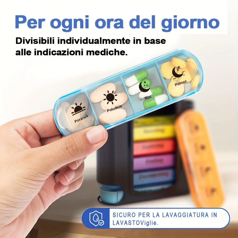 [Printed in Italy] Weekly Pill Organizer, 7 Stackable Compartments Four Times-a-Day - Morning, Noon, Evening, and Bedtime