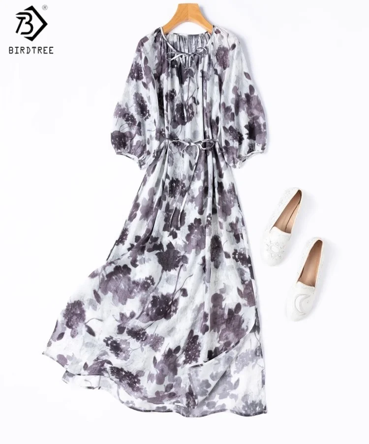 

Birdtree Women's 100% Mulberry Silk Dress,Double Crepe Printing Three-quarter Sleeve Belt Loose Beach Dress,2025 New D55703JF