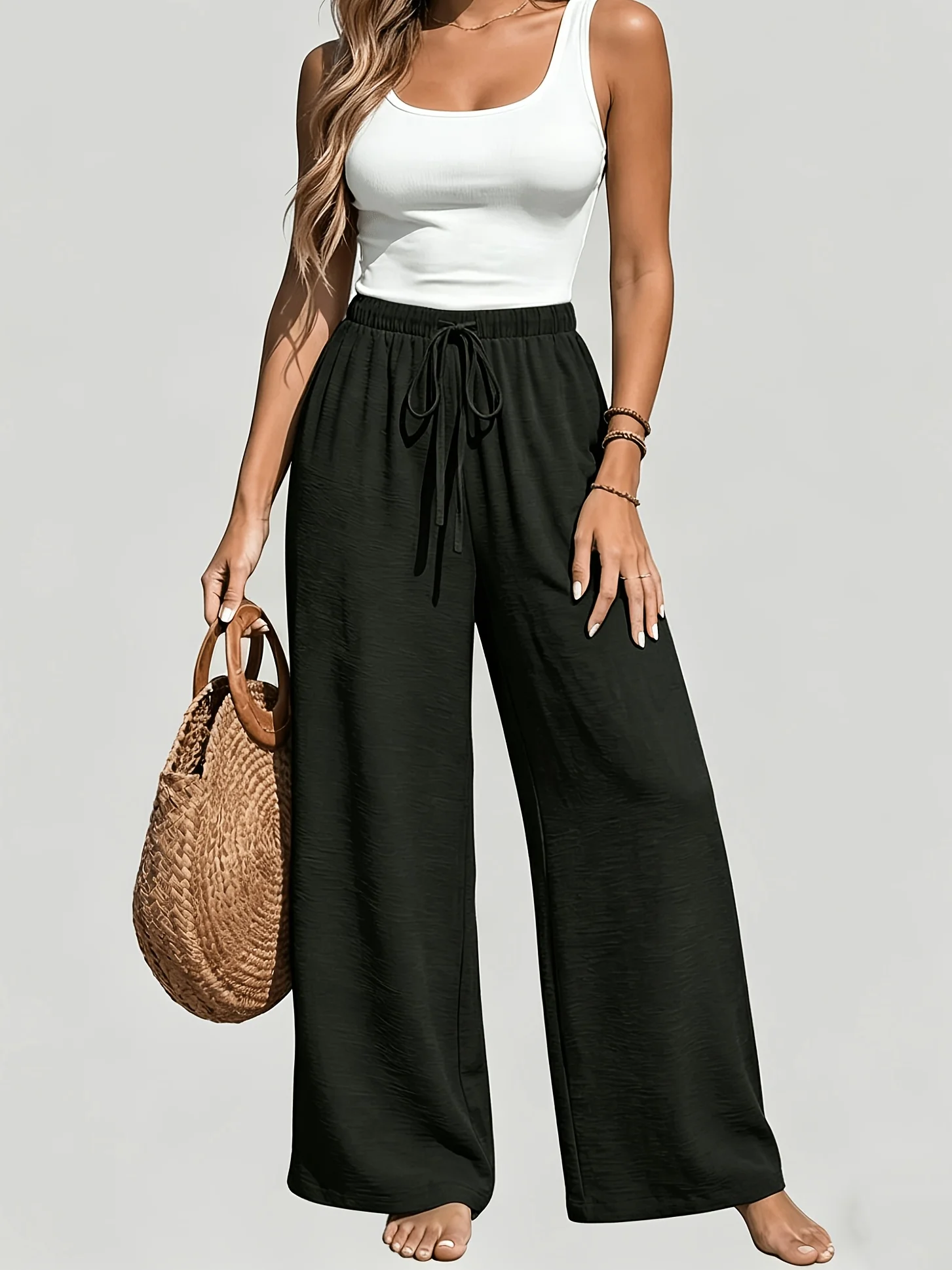 Women's Spring/Summer Casual Solid Color Waist-Tie Pocket Wide-Leg Pants Set, Suitable for Casual Daily Wear and Vacation